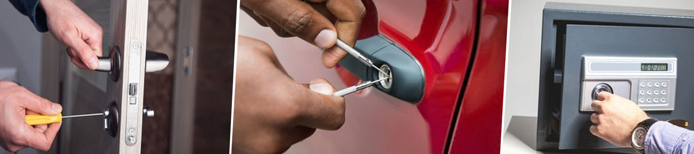 3 different photos of locksmith placed side by side. From left to right: (1) someone using a screwsrive on a lock of a brown door (2) Someone lockpicking a red car, (3) Someone with a black watch and purple sleeves opening a safe using a key