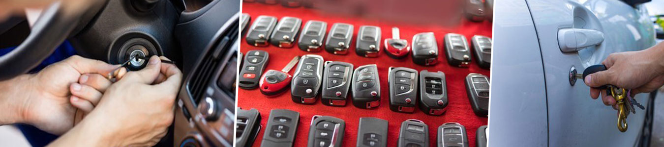 3 different photos of automotive locksmith placed side by side. From left to right: (1) someone starting a car using a pick (2) 24 car keys arranged in 3 rows on a red surface, (3) someone opening a white car using a car key