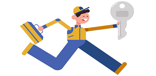 A cartoon drawing of a locksmith with yellow jacket, cap, shoes and toolbox, and he is holding a key.