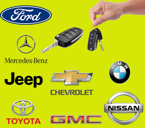 A photo that has yellow background and 8 Different Car brands (Ford, Mercedes Benz, Jeep, Chevrolet, BMW, Toyota,  GMC, Nissan), a car key, and someone holding a car.