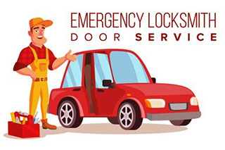 A cartoon drawing of a repairman with his toolbox placed near his feet and his pointing to a red car beside him and the photo has the words on top that says "Emergency Locksmith Door Srvice"