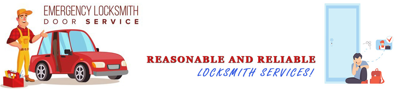 A banner that says "reasonalble and reliable locksmith service", a cartoon drawing of a repairman with his toolbox placed near his feet and his pointing to a red car beside him and the photo has the words on top that says "Emergency Locksmith Door Srvice", and on right side a man calling a locksmith because he was locked outside of a door.