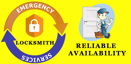 A graphics with yellow background. On its left is 2 arrows on a circle and a lock on the center, and on its right is a locksmith posing with a thumbs up and below him says "Reliable Availability"