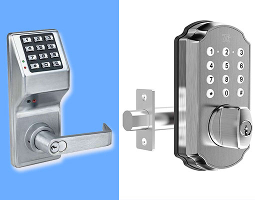 2 different designs of a keypad lock placed side by side. (L) square keypad lock with a blue background, (R) keypad lock with curves 