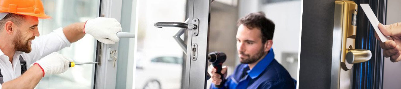 3 different photos of commercial or industrial locksmith placed side by side. From left to right: (1) a man with orange hat and white gloves installing a lock (2) a man in blue jacket using a drill on a metal door, (3) a hand tapping a card on a keyless lock