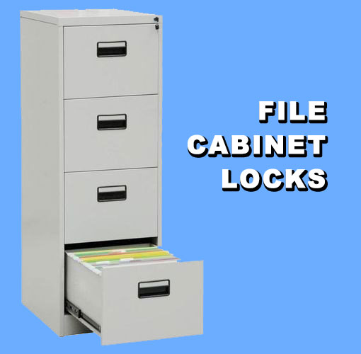 A file cabinet with 4 drawers, the bottom drawer is open with files inside it, a blue background, and a text that says "File Cabinet Locks"